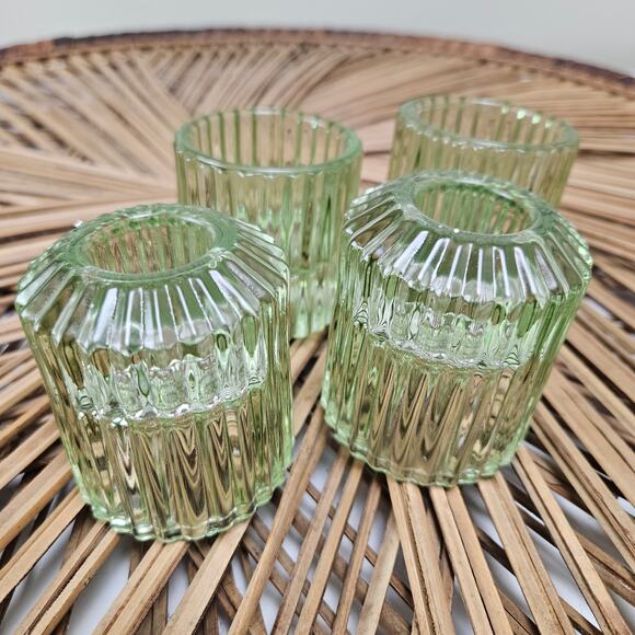 Ribbed Glass Tealight Candlestick Holder Green Set of 4 Decor Wedding Candle - Picture 5 of 7